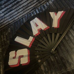 Large "SLAY" Bamboo Clack Fan – Black/Pinkish Red/White